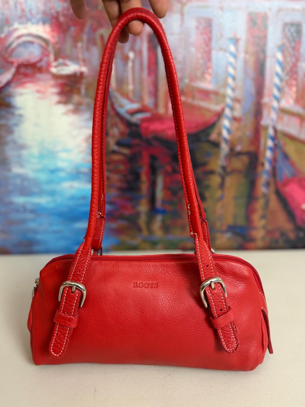 Roots Made in Canada Red Leather East West Bowler Shoulder Bag